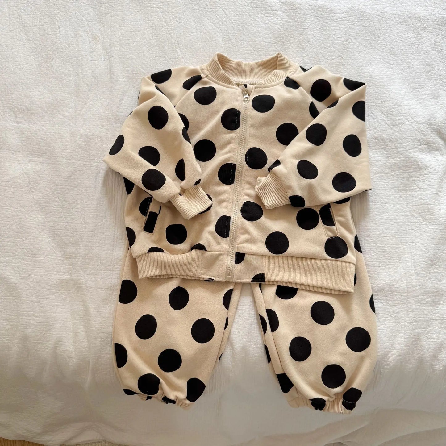 2025 Autumn New Children Long Sleeve Clothes Set Boys Girls Zipper Coat + Sweat Pants 2pcs Suit Kids Casual Polka Dot Outfits