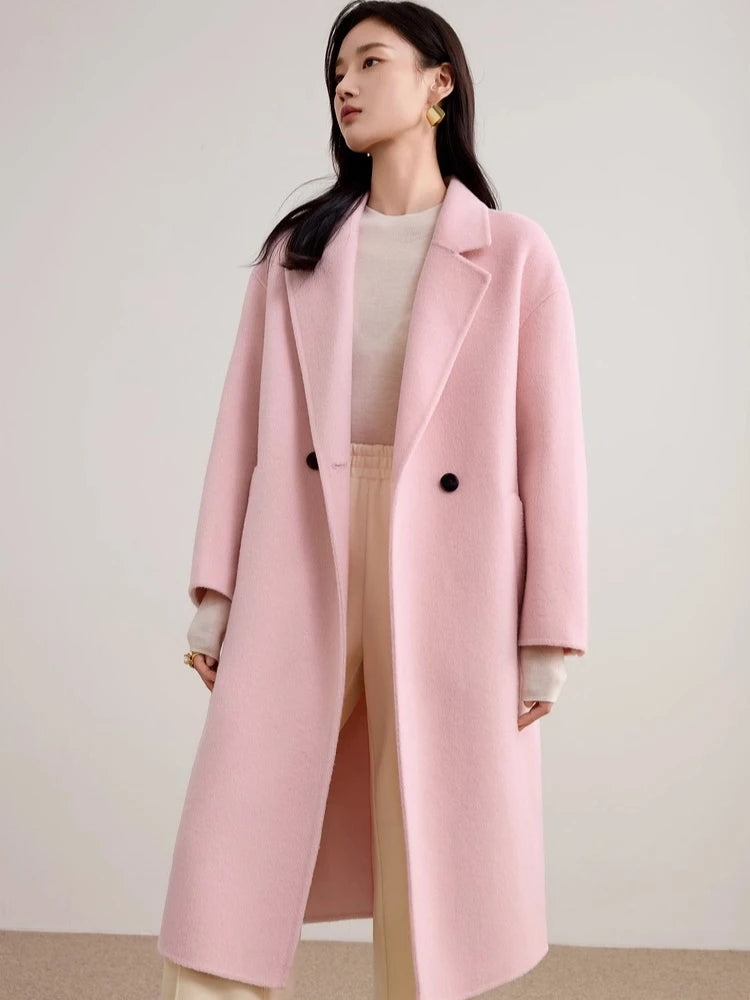SENTUBILA Women's 100% Wool Double-Faced Coat Winter 2025 Suit Lapel Collar Classic Commuter Style Long Overcoat W54OA8779