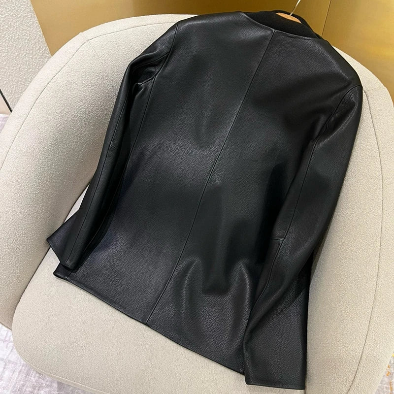 Natural Lambskin Leather Biker Jacket for Women, 100% Sheepskin Leather Coat, Long Sleeves, H913