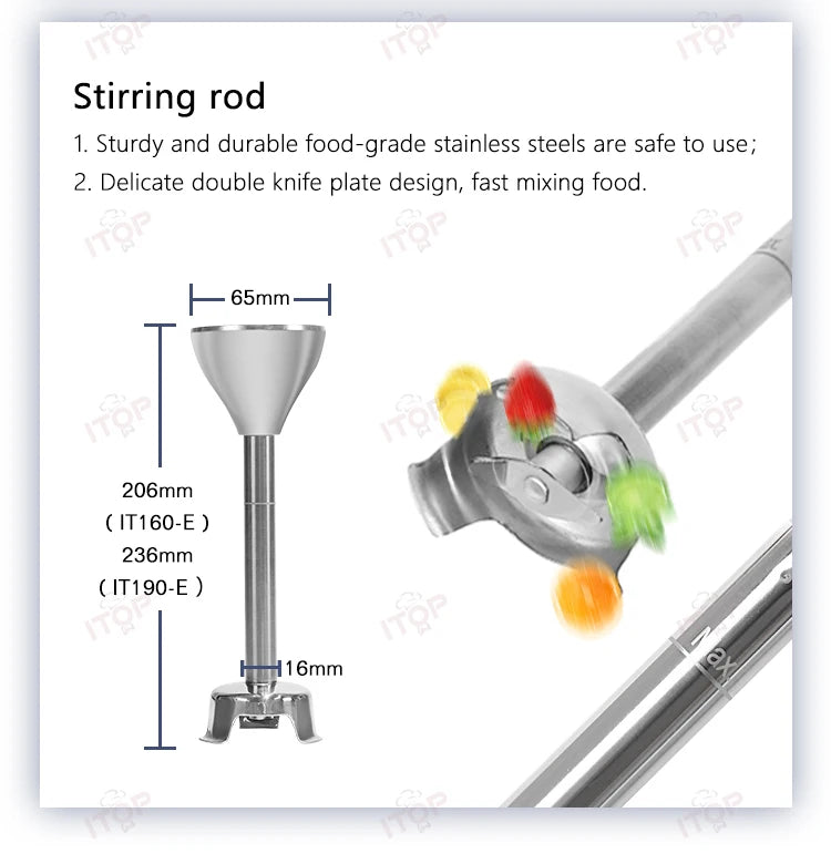 ITOP Handheld Blender 220W 250W Immersion Blender Stick Food Mixer Durable Commercial/ Household Use 8 Files Speed 4000-18000RPM