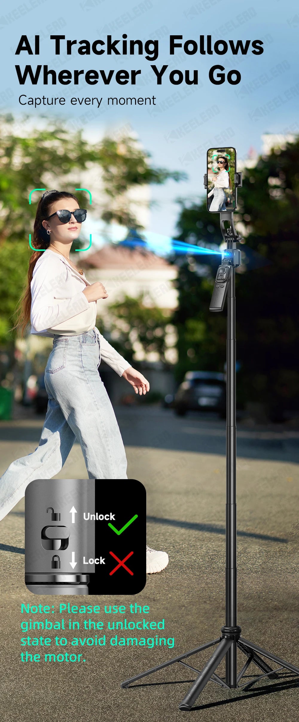 Tripod for Mobile Phone 360°Auto-Rotation Shooting C17 Quadrapod Selfie Stick Phone Stand AI Face Following, with Remote Control