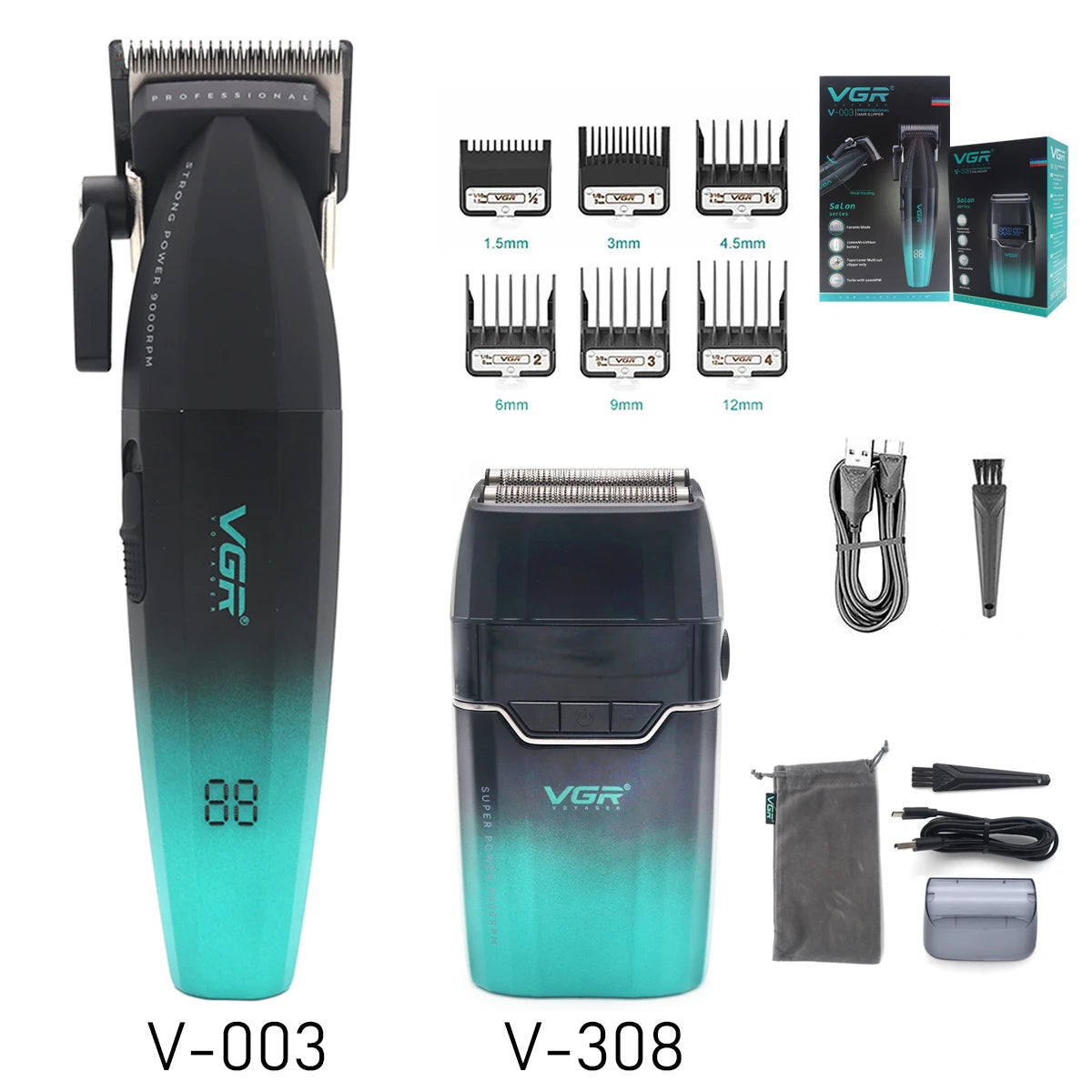 VGR V308 Beard Trimmer for Men Double Foil Full Metal LCD Display 9000RPM Electric Shaver Barber Professional Barber Machines