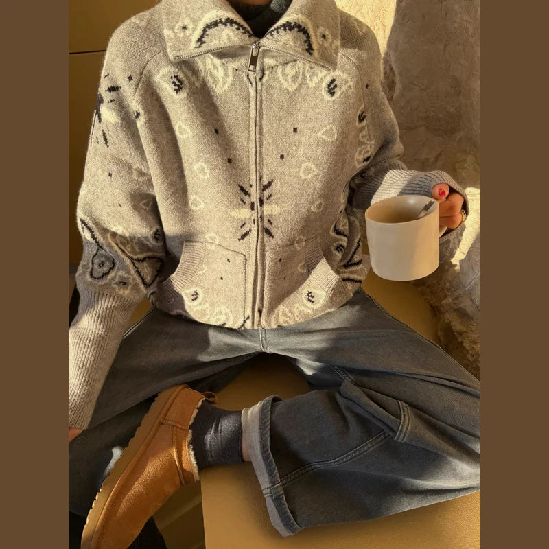 Jacquard Knitted Women's Cardigan Sweater Fashion Zipper Loose Pocket Casual Lady Sweaters 2026 Spring Street Long Sleeve Top