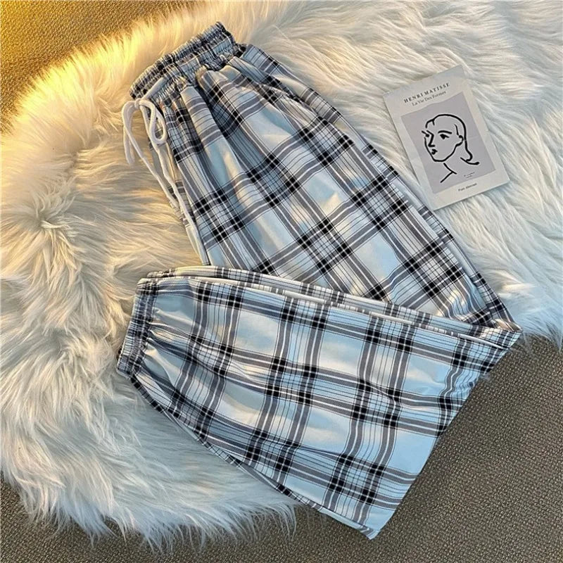 Pants Women New Bunch of Feet Fashion Loose Black Plaid Summer Harajuku Students Streetwear Harem Long Trousers Womens Chic