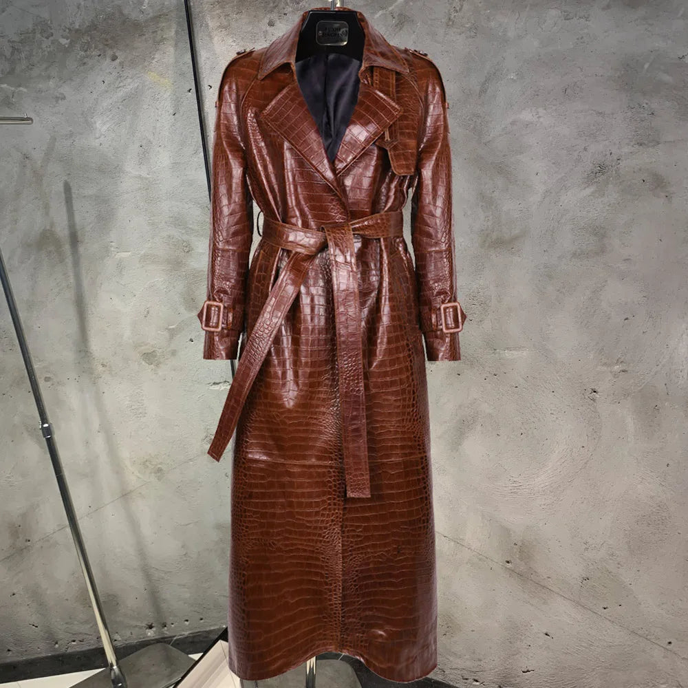 Leather Coat Orange Long Ladies Real Sheepskin Coat Genuine Sheep Leather Windbreak Long 21018