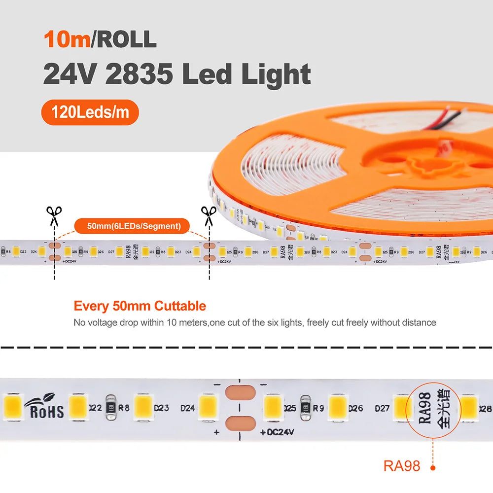 LED Strip Light RA98 5mm 8mm PCB 5m 10m 24V 2835 120 240 LEDs Flexible Adhesive Tape 2700K 3000K 3500K 4000K 5000K 6000K Decor