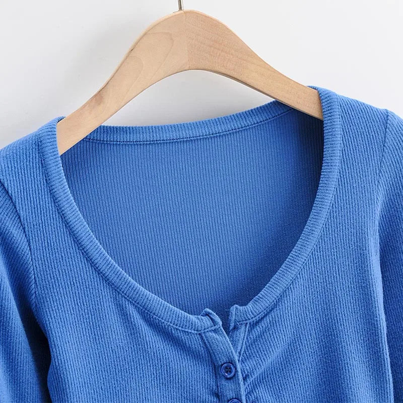 Summer Sexy Women Crop Tops Long Sleeve Tee Shirt Clubwear Buttons Solid T Shirt Women Black White Slim Tops