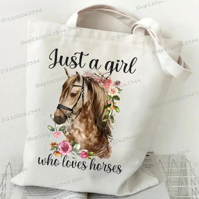 Women's Tote Bag Just A Girl Who Loves Horses Print Canvas Large Capacity Shopping Bags Horse and Flower Commuter Shoulder Bag