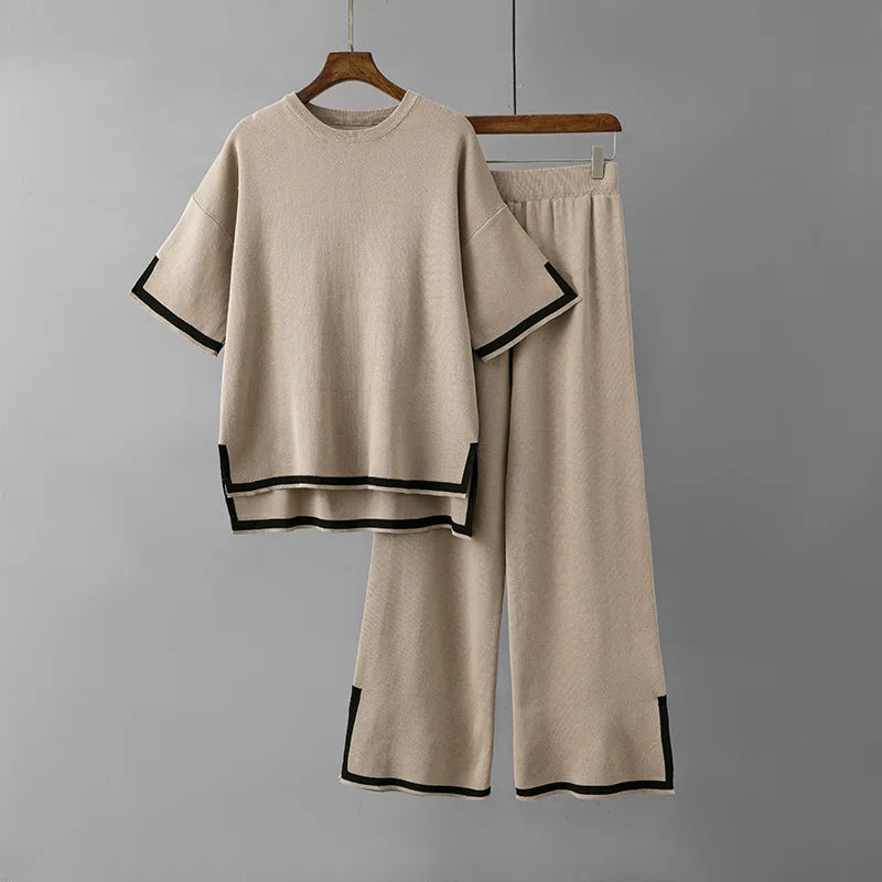 Pants Set Women Two Piece Sets Short Sleeve Spring Knit Tops Loose Casual Wide Leg Long Pants High Waist Y2k Streetwear Spring