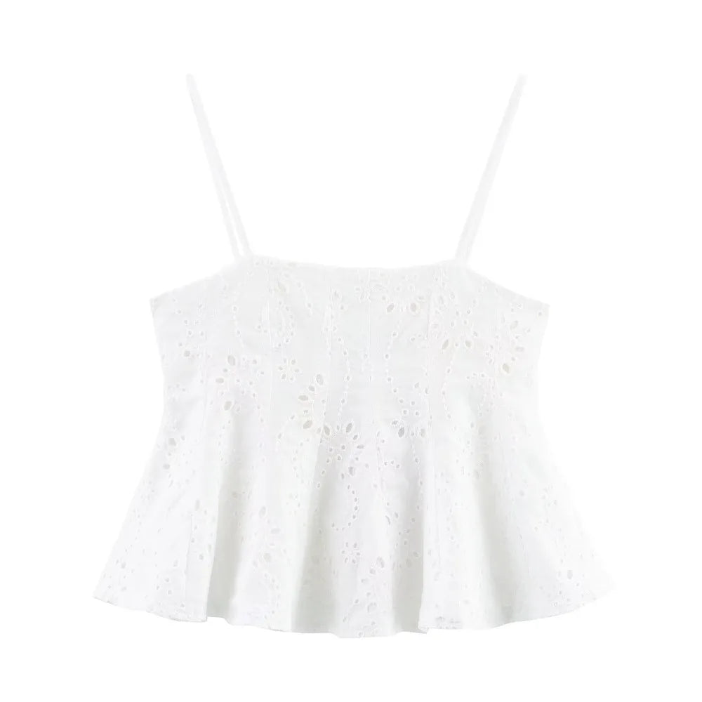Women Summer Vacation Co Ord Outfits Elegant White Embroidered 2 Piece Set Cropped Top with Thin Straps Matching Cape Midi Skirt