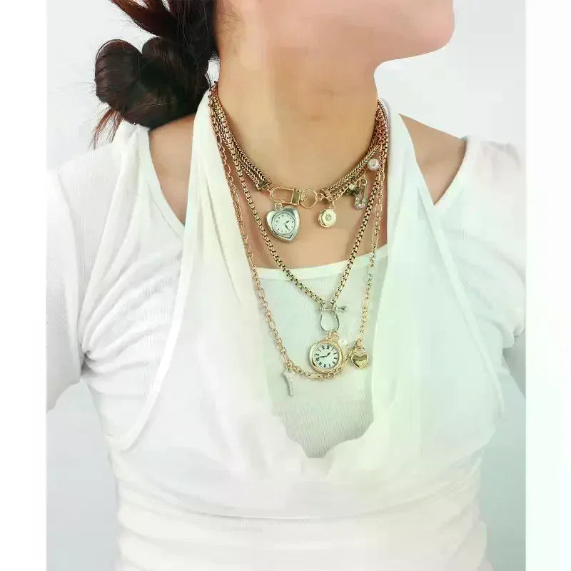 Necklace with Fashion Pin, Button Key, Heart Pendant for Women; Bohemian Multi-Strand Clavicle Chain Accessory