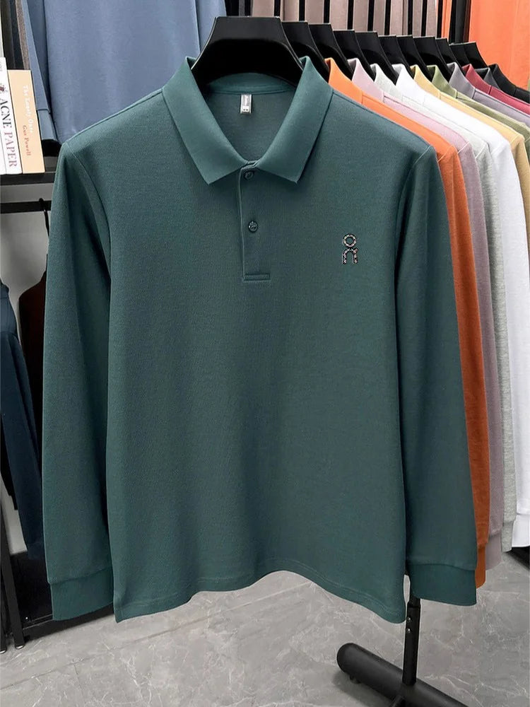 100% pure cotton polo shirt long sleeved men's brand fashionable embossed T-shirt sports breathable spring autumn casual new top