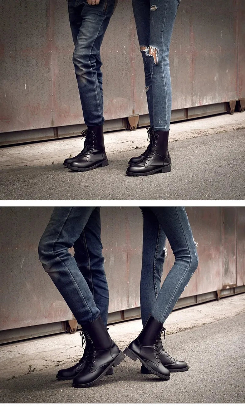 Women's Boots 2026New Casual High Top Boot Fashion Women Motorcycle Boot Classic Black Mid-calf Leather Boots Women Ankle Boots