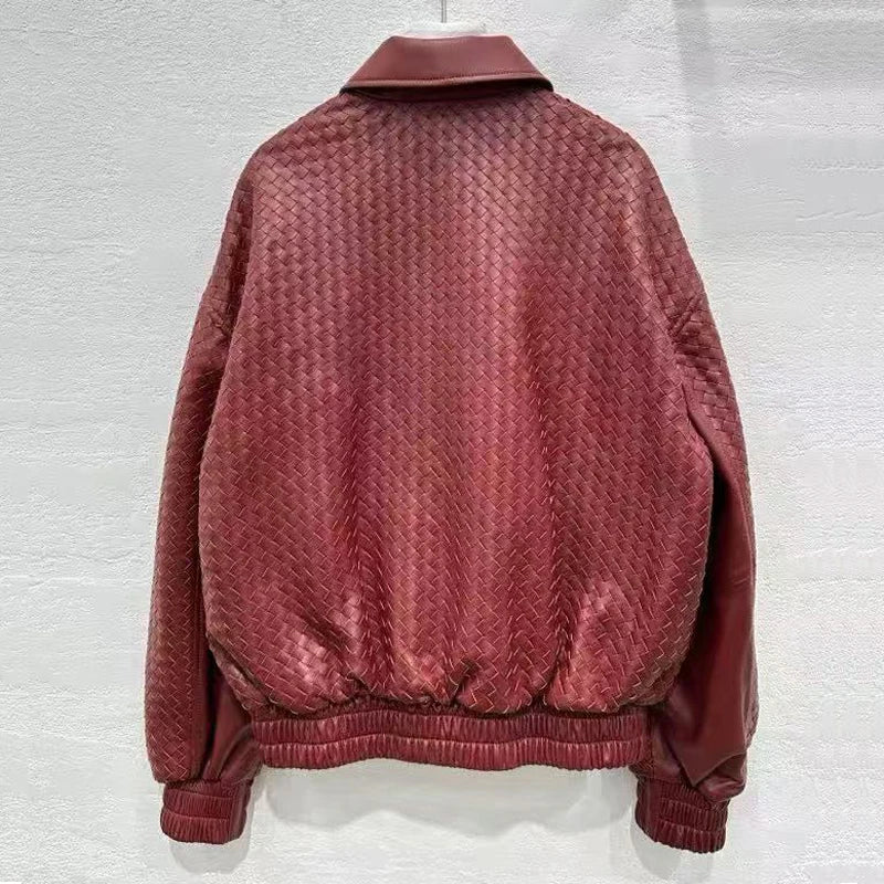 High-fashion Women Clothing 2025 New In Hand Knitting 100 % Leather Jacket Feminina Streetwear Burgundy Dropped Shoulder Coat