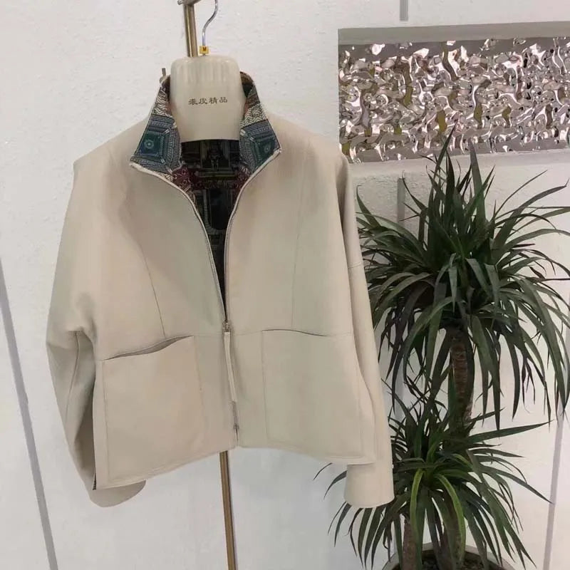 New fashion 2025 women coat sspring orange import real sheepskin jacket floral pattern lining short length big pockets