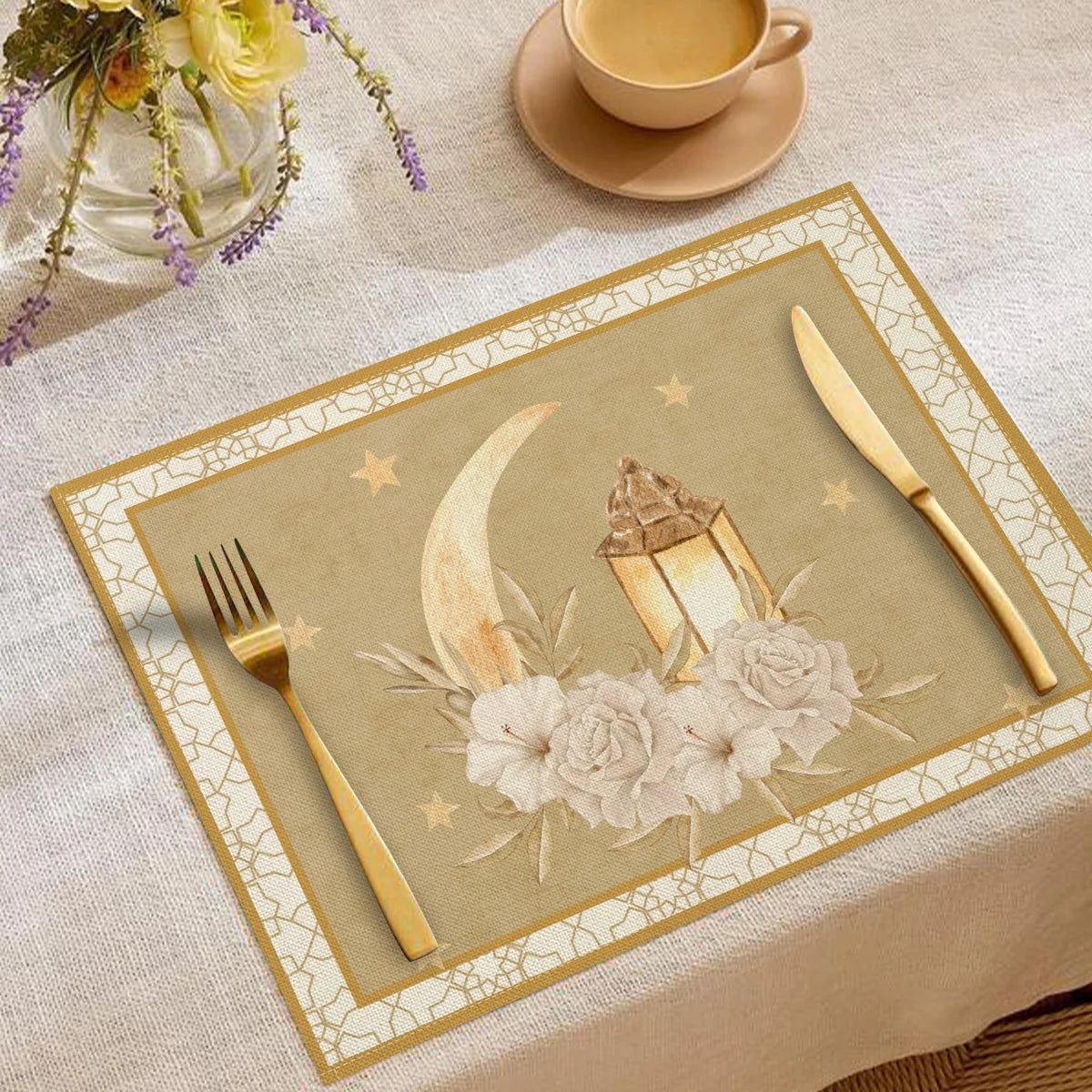 Artistic Ramadan Moon Lantern Floral Pattern Placemats Exquisite Watercolor Geometric Designs Heat Resistant Table Mats