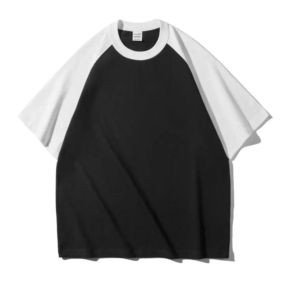Mens 100% Heavy Cotton T-Shirt 300gsm Oversized Casual Stitching Color Tee Round Neck Loose Fit Knitted Tops Fashion Streetwear