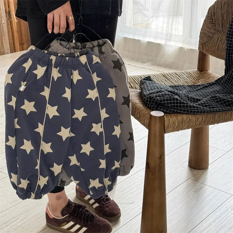 2025 Winter New Children Plus Velvet Thick Casual Pants Fashion Print Boys Fleece Sweat Pants Girls Warm Trousers Kids Clothes