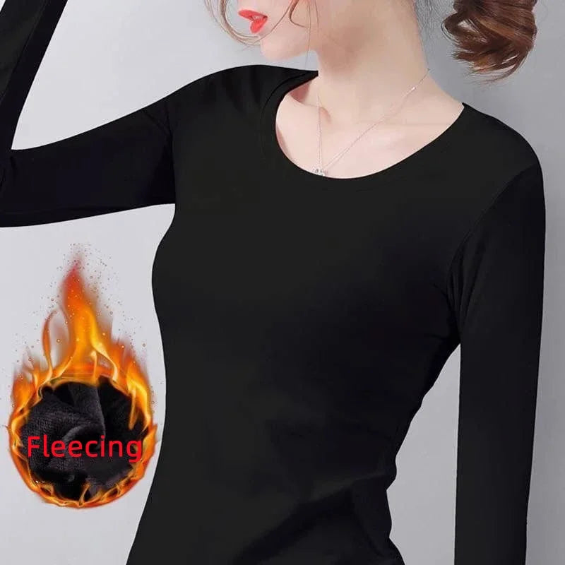 Women Thermal Underwear Winter Turtleneck Bottom Shirt Solid Semi High Collar Long Sleeve Basic T-Shirt Heating Fiber Pullovers