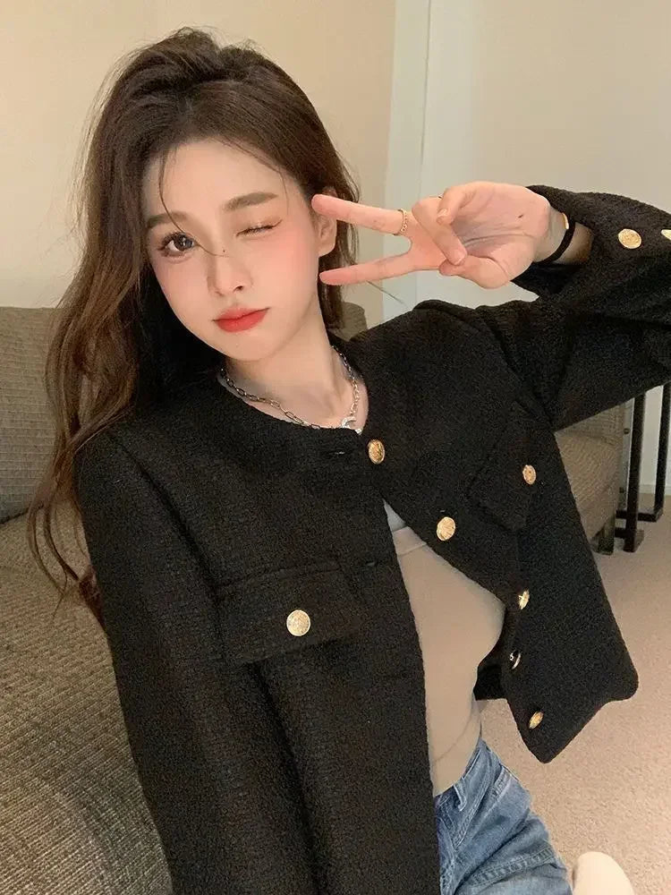 Wool Coat Women Jacket Short Autumn Winter Cardigan Long Sleeve Top Single Breasted Tweed Versatile Wool Top Full Sleeve 2024