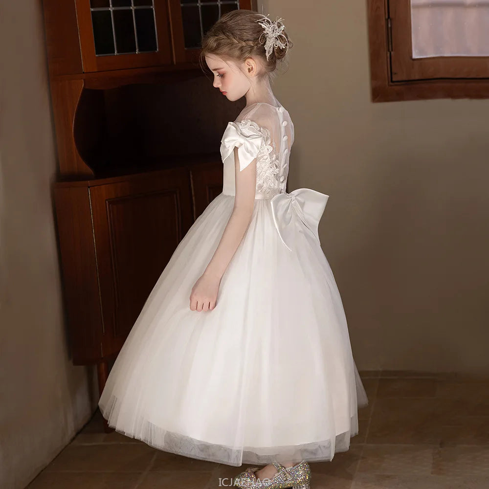 Wed Dress 2025 White Teen Girls Wedding Dress Tulle Ball Gown Big Bow Bridesmaid Dresses Formal Evening Gown Party Wear Costume