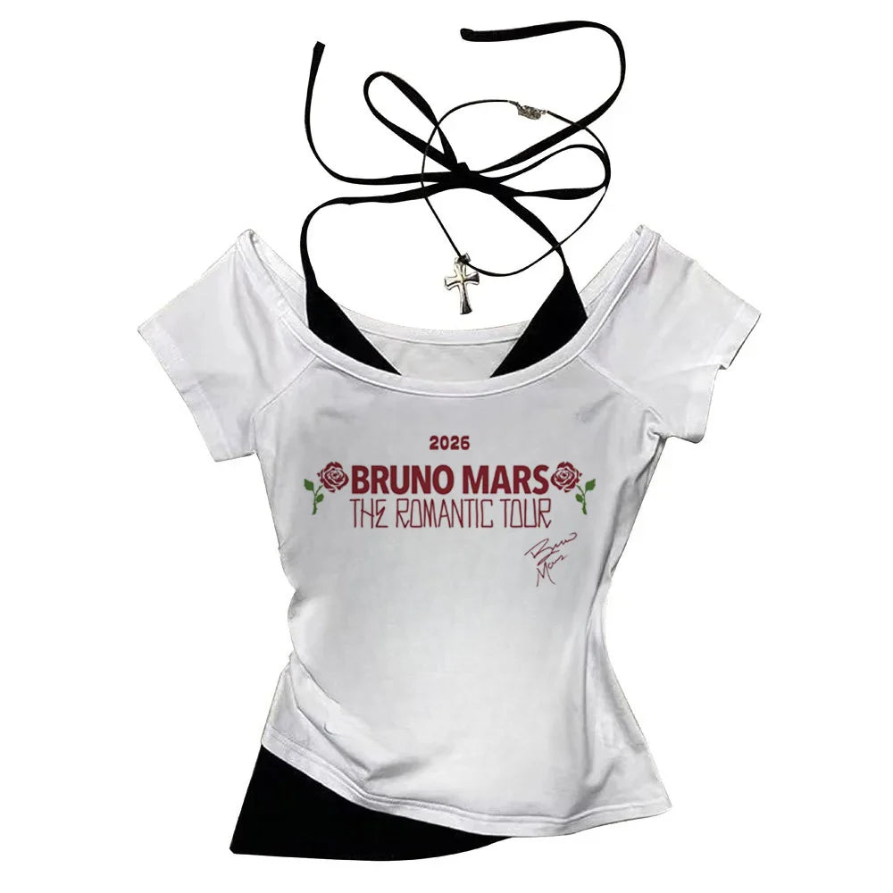 2026 Shirt  Bruno Mars The Romantic Tour Women Fake Two-piece O-Neck Short Sleeves Crop Tops T-shirt