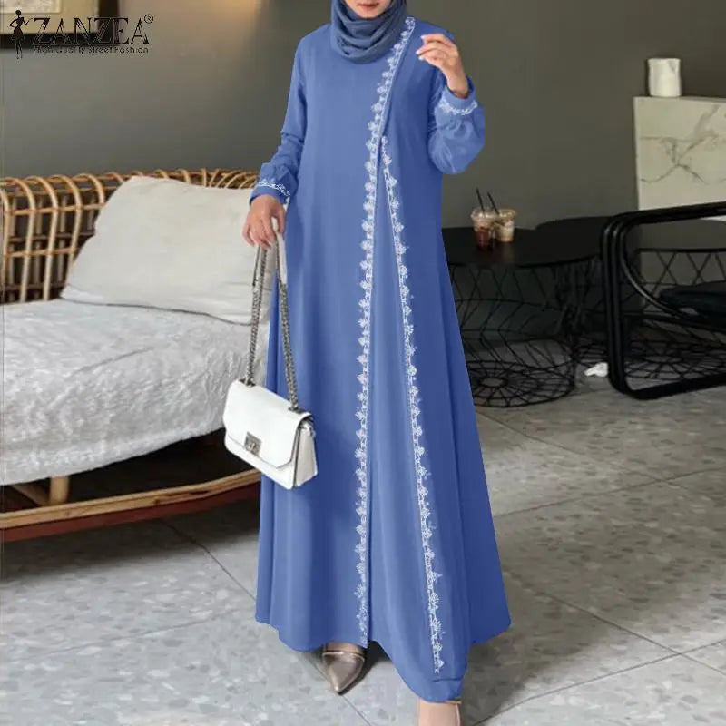 Autumn Lace Crochet Maxi Dress ZANZEA Muslim Turkey Abaya Elegant Loose Vestidos Women Long Sleeve O Neck IsIamic Robe Kaftan