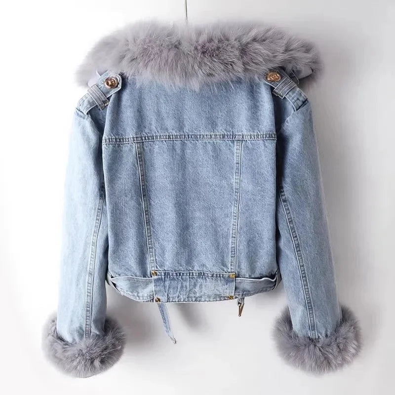 Winter Denim Jacket With Women's Fleece Warm Cowboy Coat New Detachable Imitation Fox Rabbit Fur Inner liner Short Denim Jacket