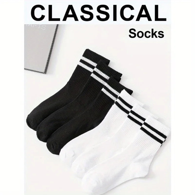 6 Pairs High Tube Mid Length Stockings Set For Men in Solid Black And White With Parallel Bars Popular and Sweat Absorption