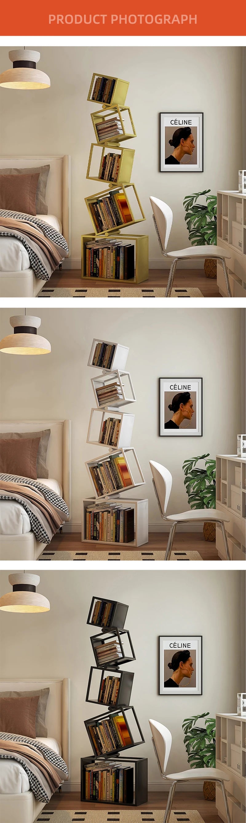 5 Layer Grid Bookshelf Modern Simple Foldable Storage Metal Living Study Room Decoration Corner Arrange Floor Standing Bookshelf