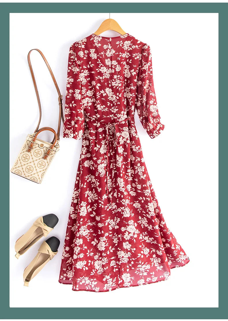 Silk Dress Summer New 2025 Women French Temperament V-neck Five-point Sleeve Printed Mulberry Silk Tea Break Dress