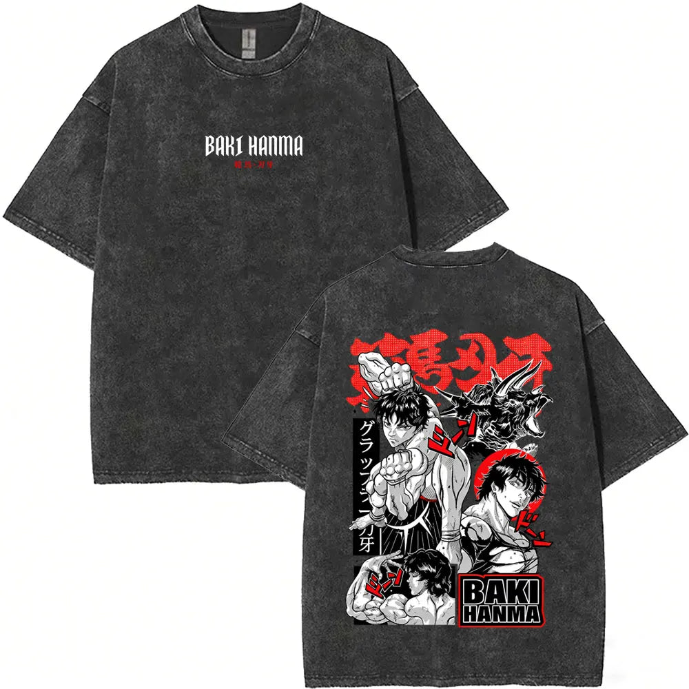 Washed Vintage Anime Baki Hanma Wake Up T-shirt Men Women Retro Manga Oversized T-shirts Men's Casual Cotton T Shirts Streetwear