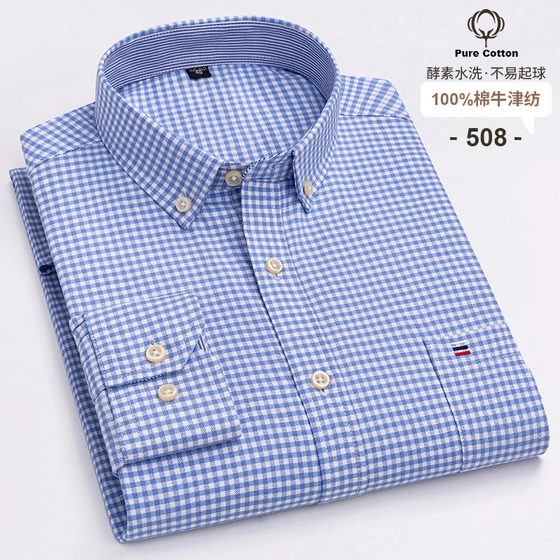 S-6XL Casual Pure Cotton Oxford Mens Shirts Long Sleeve Embroidery Horse Design Regular Fit Fashion Button Man White Dress Shirt