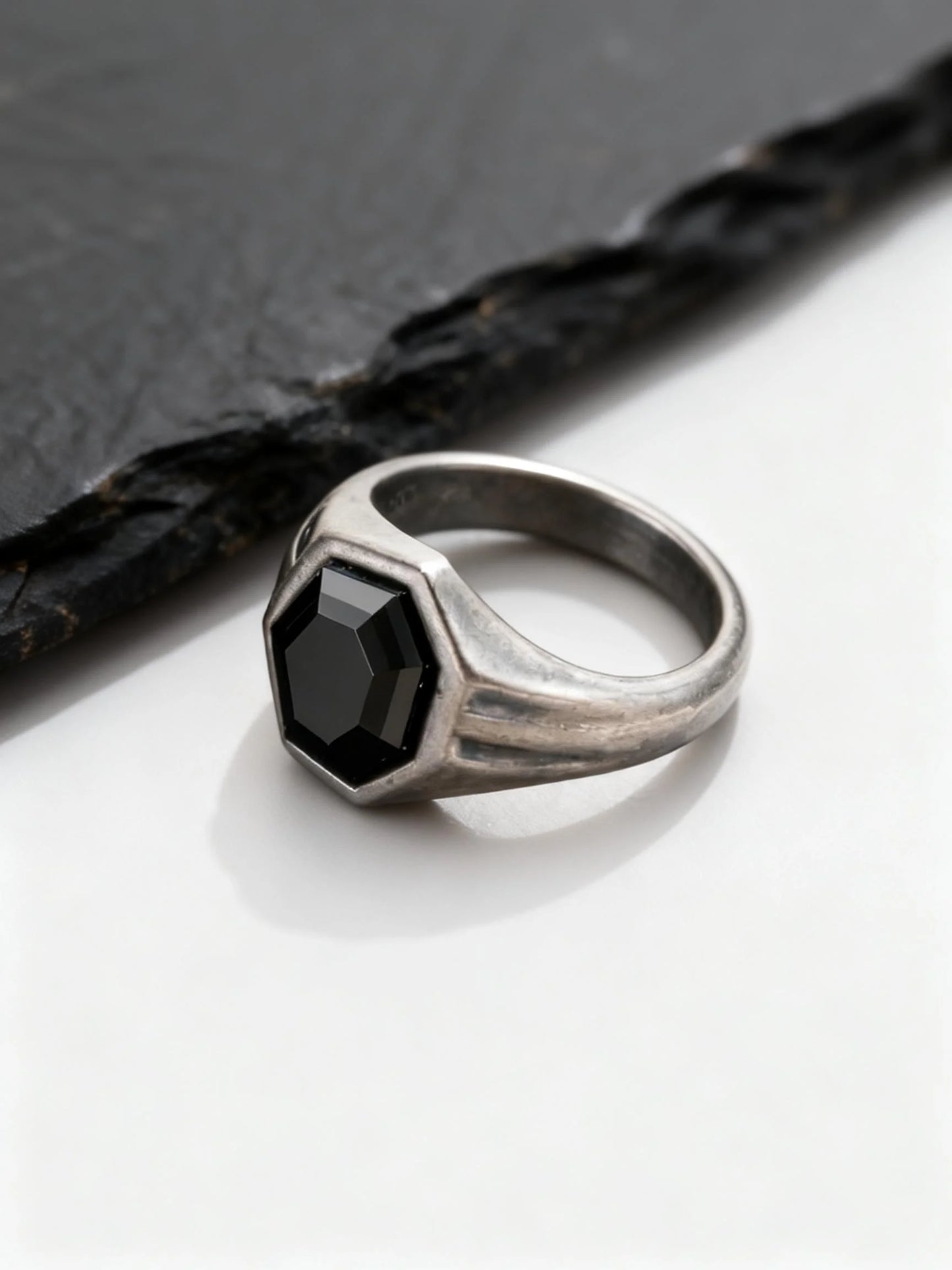 Hexagon Black Zircon Ring for Men, Stainless Steel Antique Silver Color Geometric Band,Punk Statement Jewelry Gift
