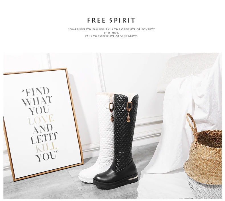 Raised Checkerboard With Metal Square Buckle Warmth Plush Lining Women's Snow Boots Flat Bottoms Elevated Knee Length Boots