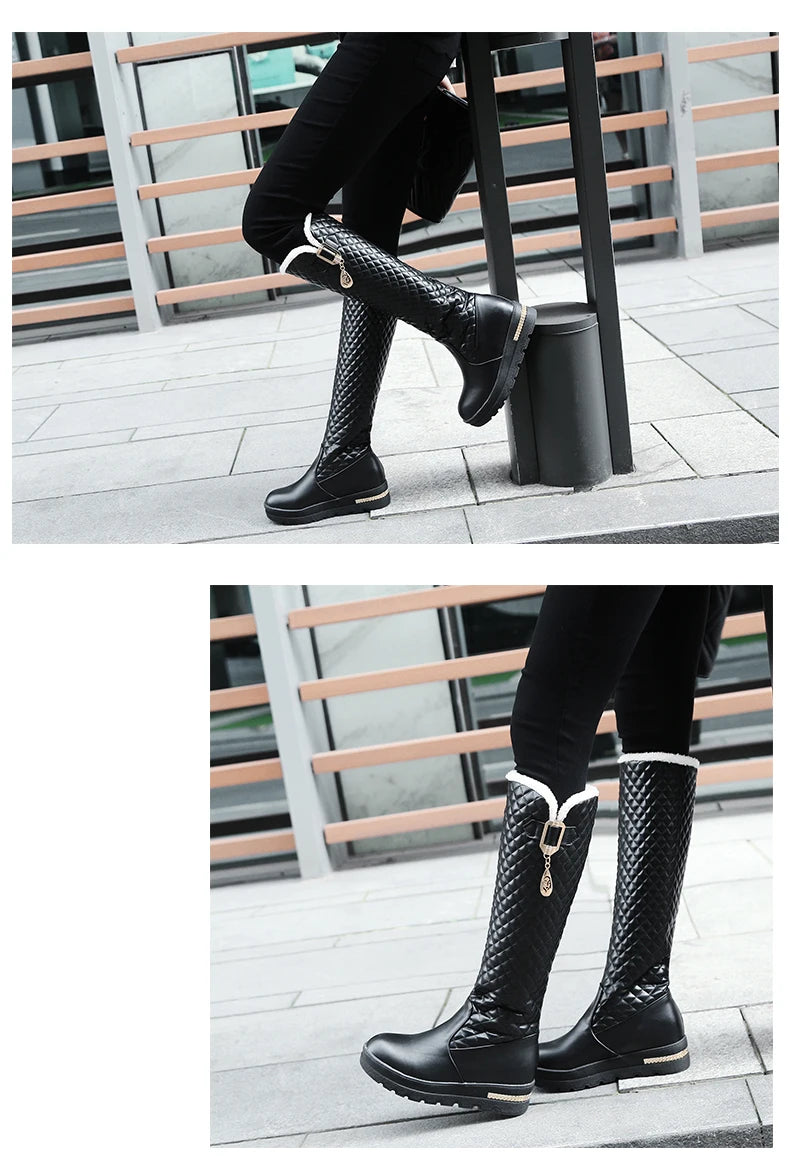 Raised Checkerboard With Metal Square Buckle Warmth Plush Lining Women's Snow Boots Flat Bottoms Elevated Knee Length Boots