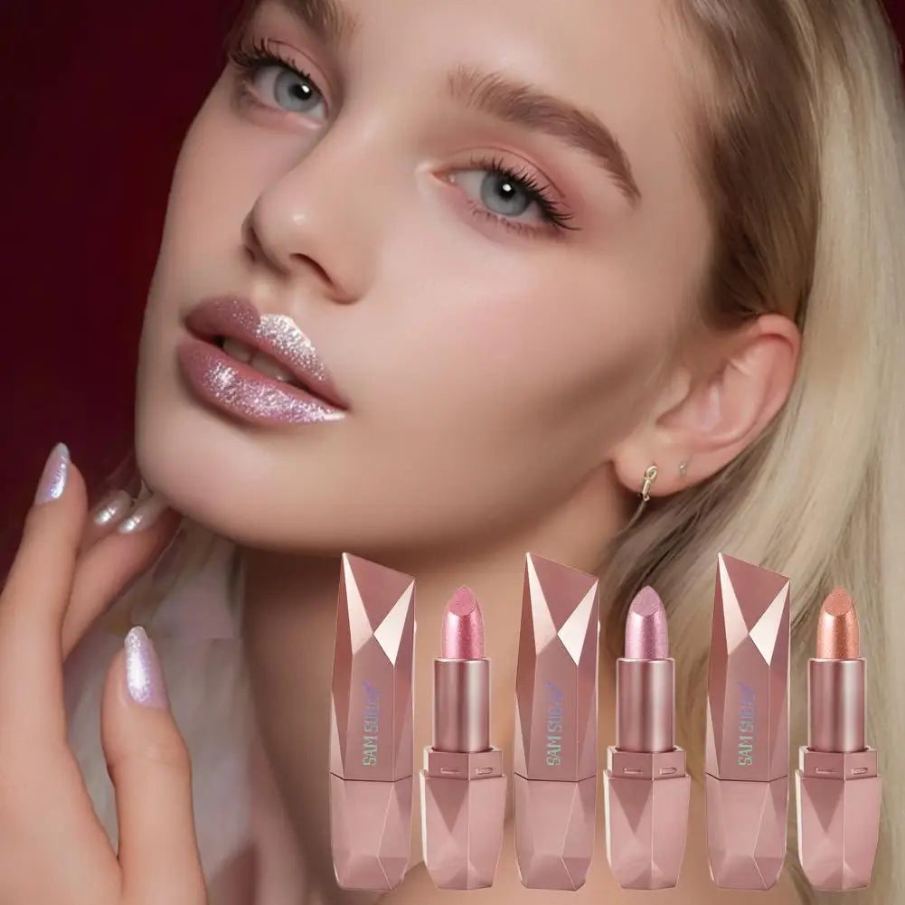 Dark Purple Diamond Metallic Glitter Lipstick Waterproof Long-Lasting Pearlescent Highly Pigmented Lip Tint Sparkling Lip Gloss