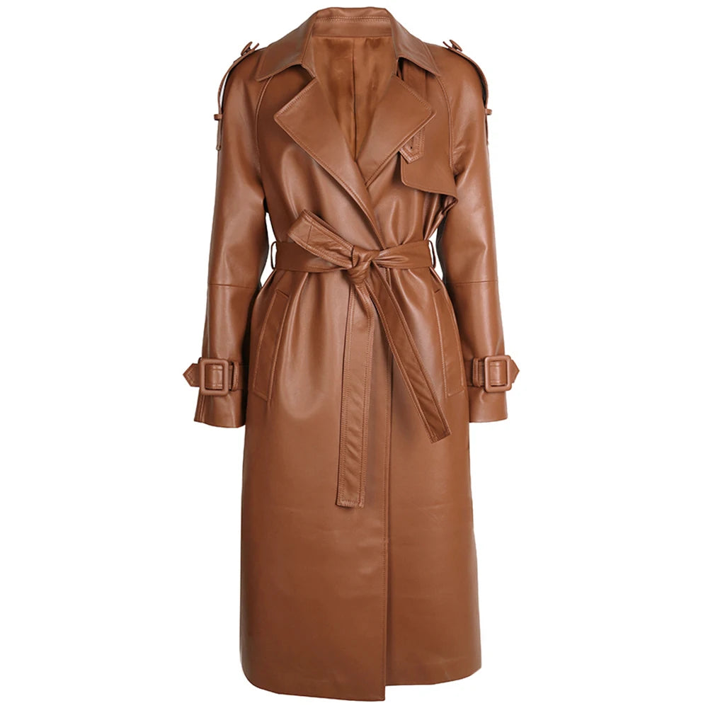 YOLOAgain High Quality Real Leather Trench Coat Women Genuine Leather Jacket Windbreak Female