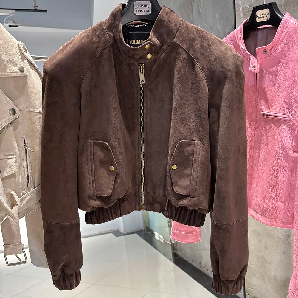 YOLOAgain Suede Leather Jacket Coat Women Real Leather Cropped Jacket Bomber Jacket 2025 Autumn