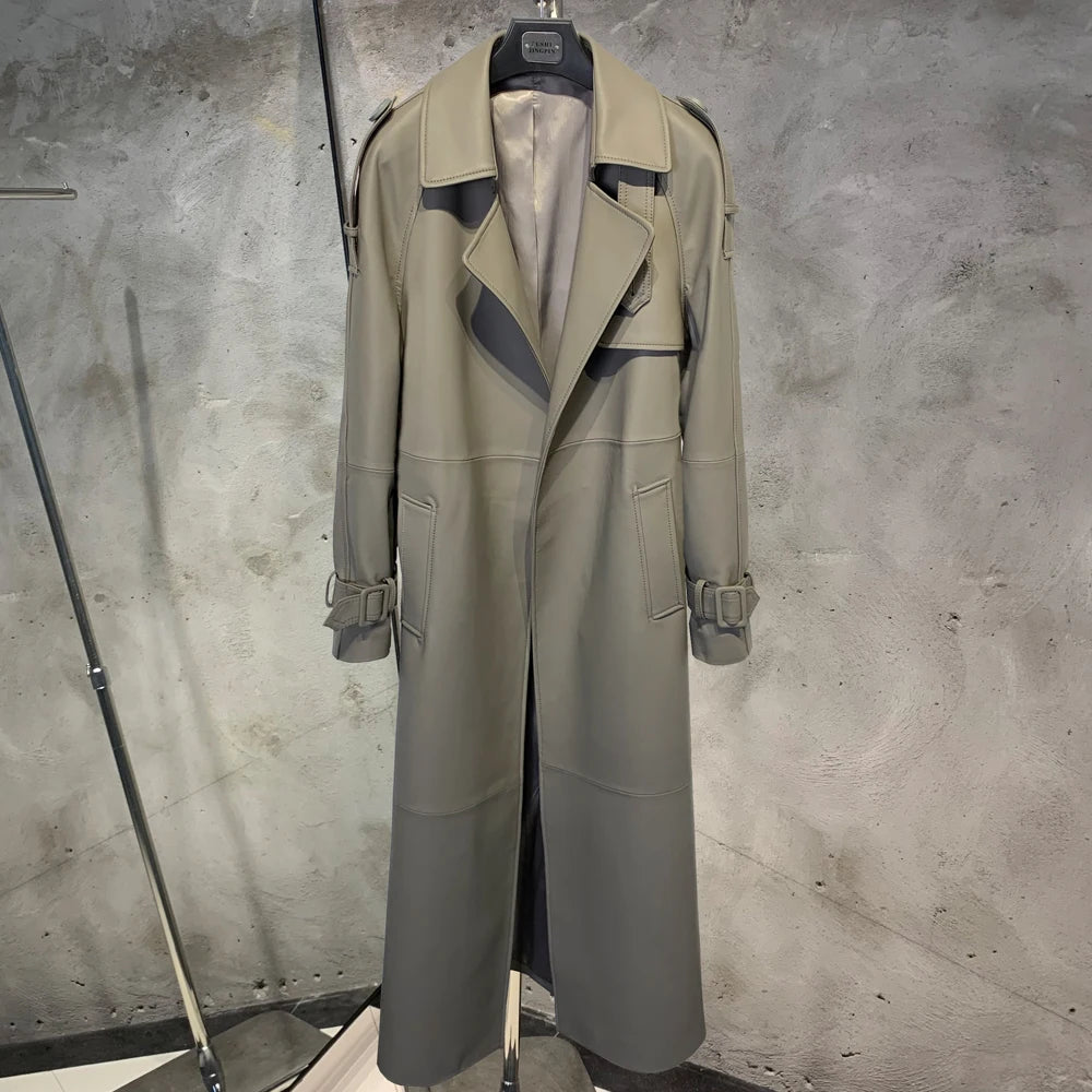 Gold Leather Coat Long Ladies Real Sheepskin Coat Genuine Sheep Leather Windbreak Long 21018