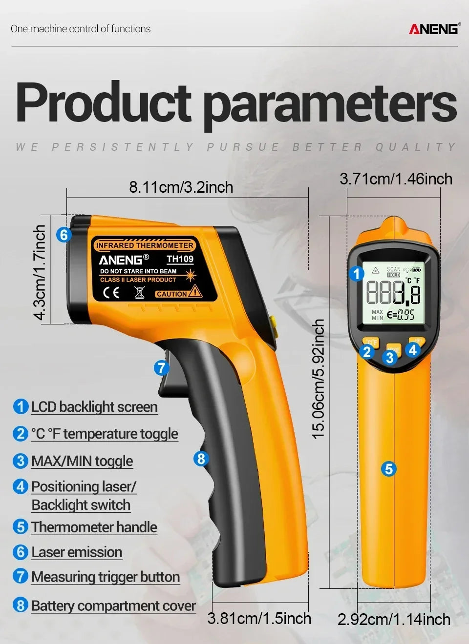 ANENG TH109 Red Laser Thermometer Object Distance Ratio12:1 Non-contact  Temperature Meter -50~400℃  Pyrometer Tester Hygrometer