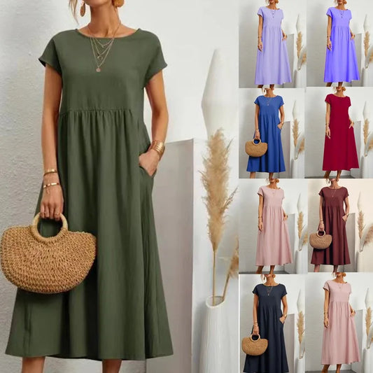 Dresses for Women  Cotton Linen Midi Casual  Short Sleeve Loose A-Line Sundress with Pockets  Solid Color Oversized Long Dress