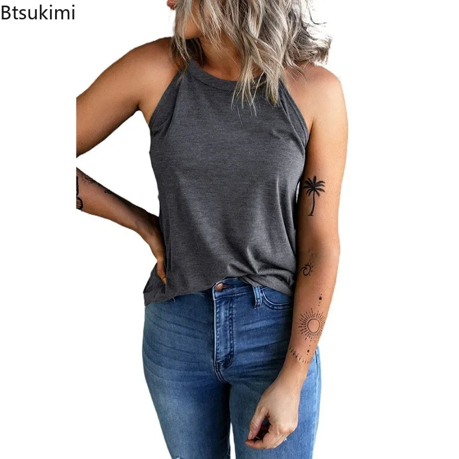 2026 Women's Summer Clothing Top Halter-neck Vest Shirts Women Wear Solid Color Slim-fit Sleeveless Round Neck Blouse For Women