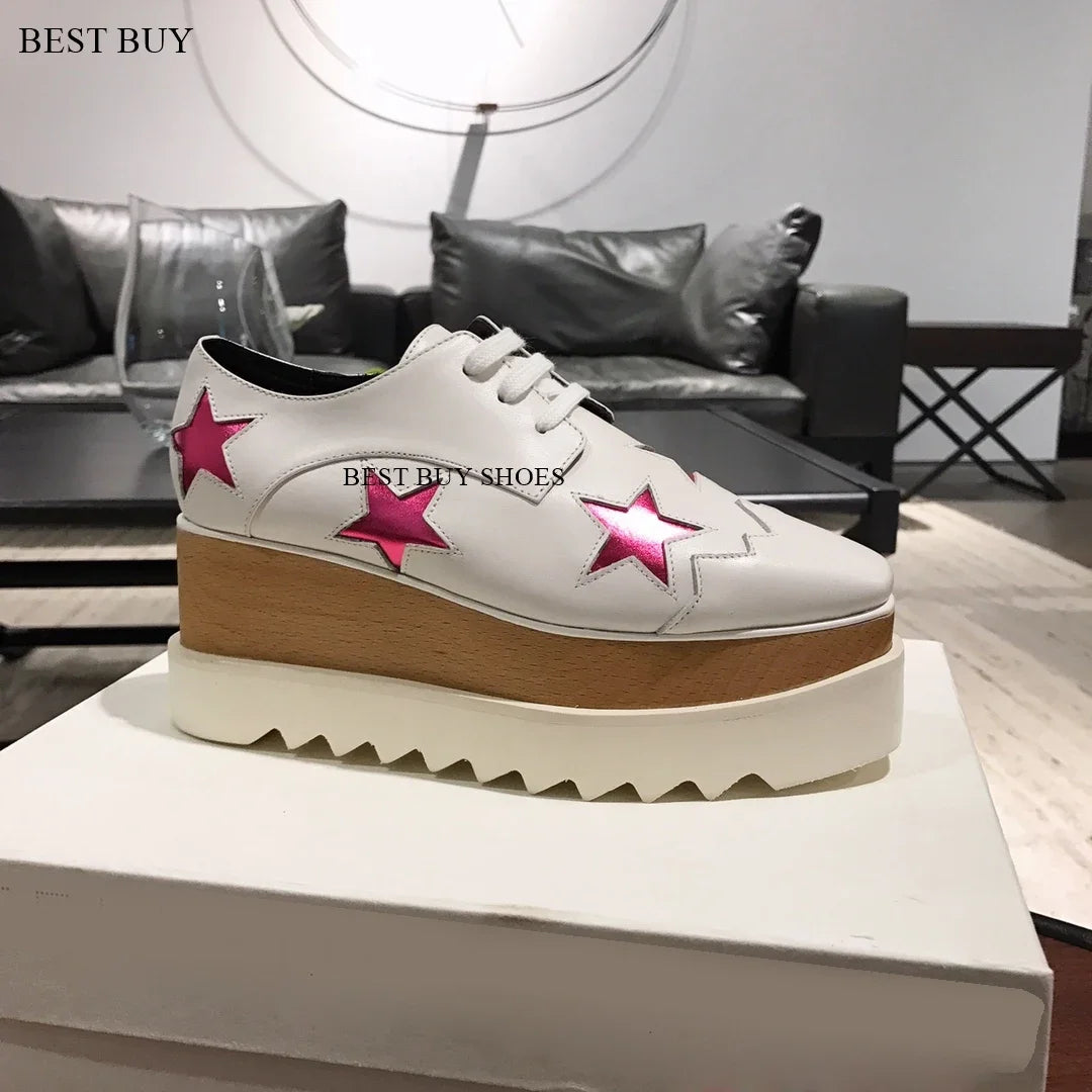 Women Fashion patent Stars high Loafers Shoes Lady Square Toe lace-up Thick Bottom Platform Wedge Shoes For Women sneakers