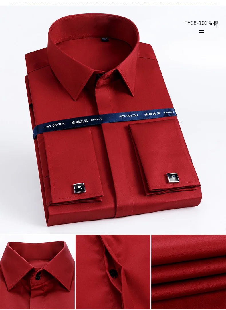 Men's French cufflinks shirt made of pure cotton long sleeved slim fit concealed button, solid color high end wedding dre