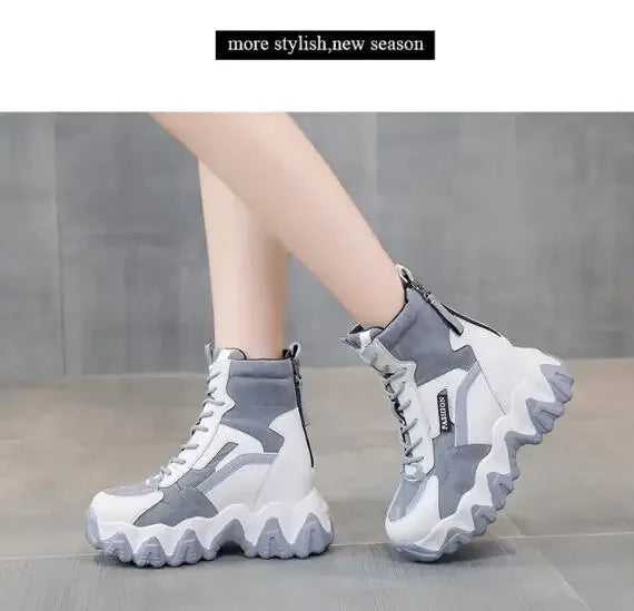 2024 Women Thick Sole Ankle Boots Autumn Luxury Platform Casual Boots Women's 8cm High Heels Wedge Boots Shoes Woman Sneakers