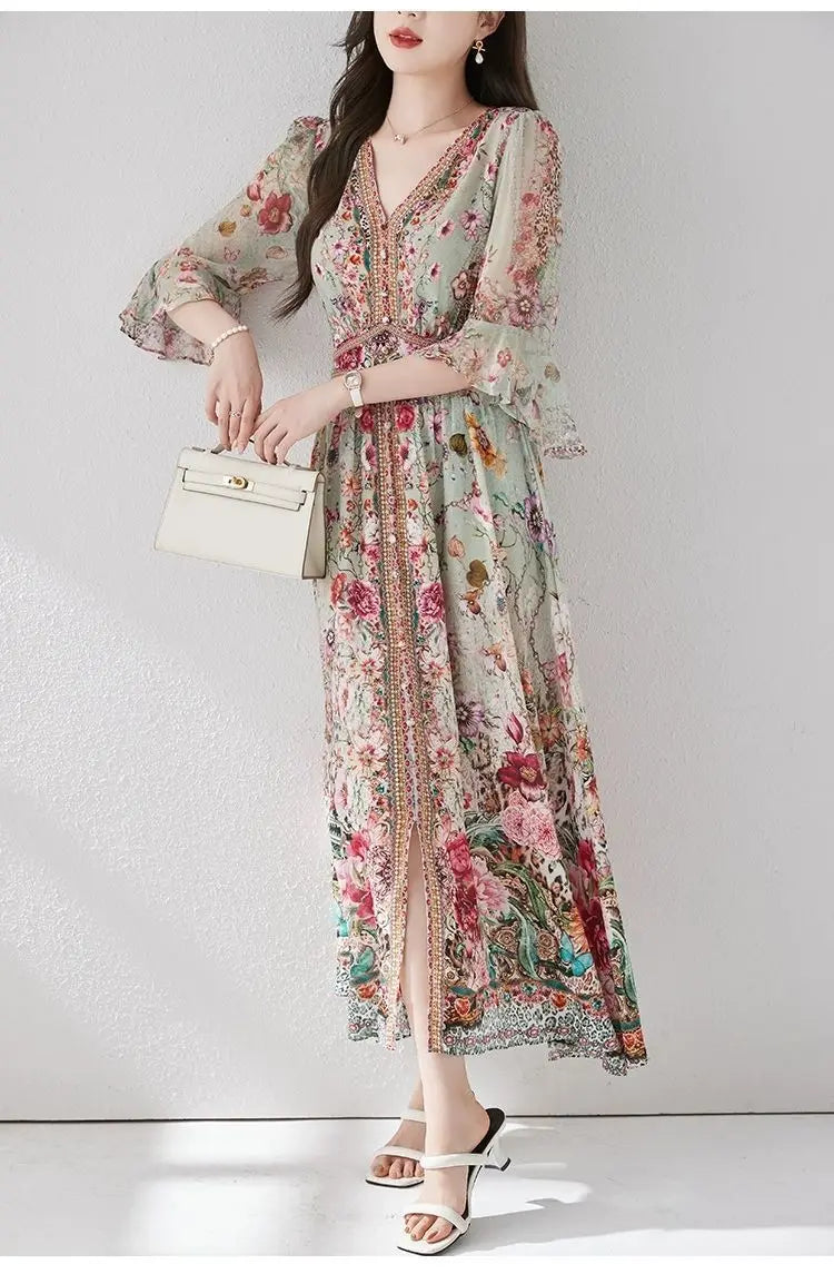 Green Silk Dress for Women in the Summer of 2026 Luxurious High-end Exquisite and Elegant Temperament Mulberry Silk Vacation WLF