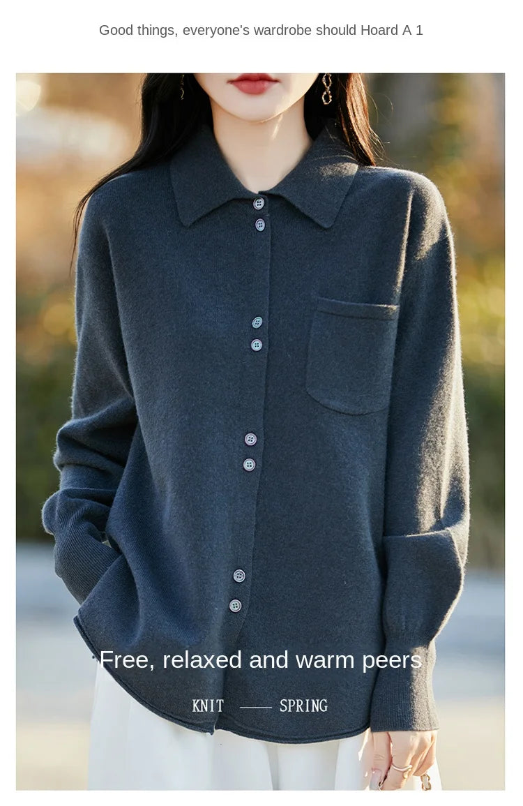 POLO Collar Wool Sweater 100 Pure Wool Spring And Autumn New Knitted Women Loose And Slimming Cardigan ZA682