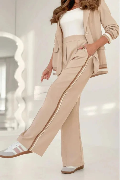 Pant Sets Women Wide Leg Pants Two Piece Set Button Coats Matching Sets Patchwork High Waist Elegant Trousers Pockets Sporty