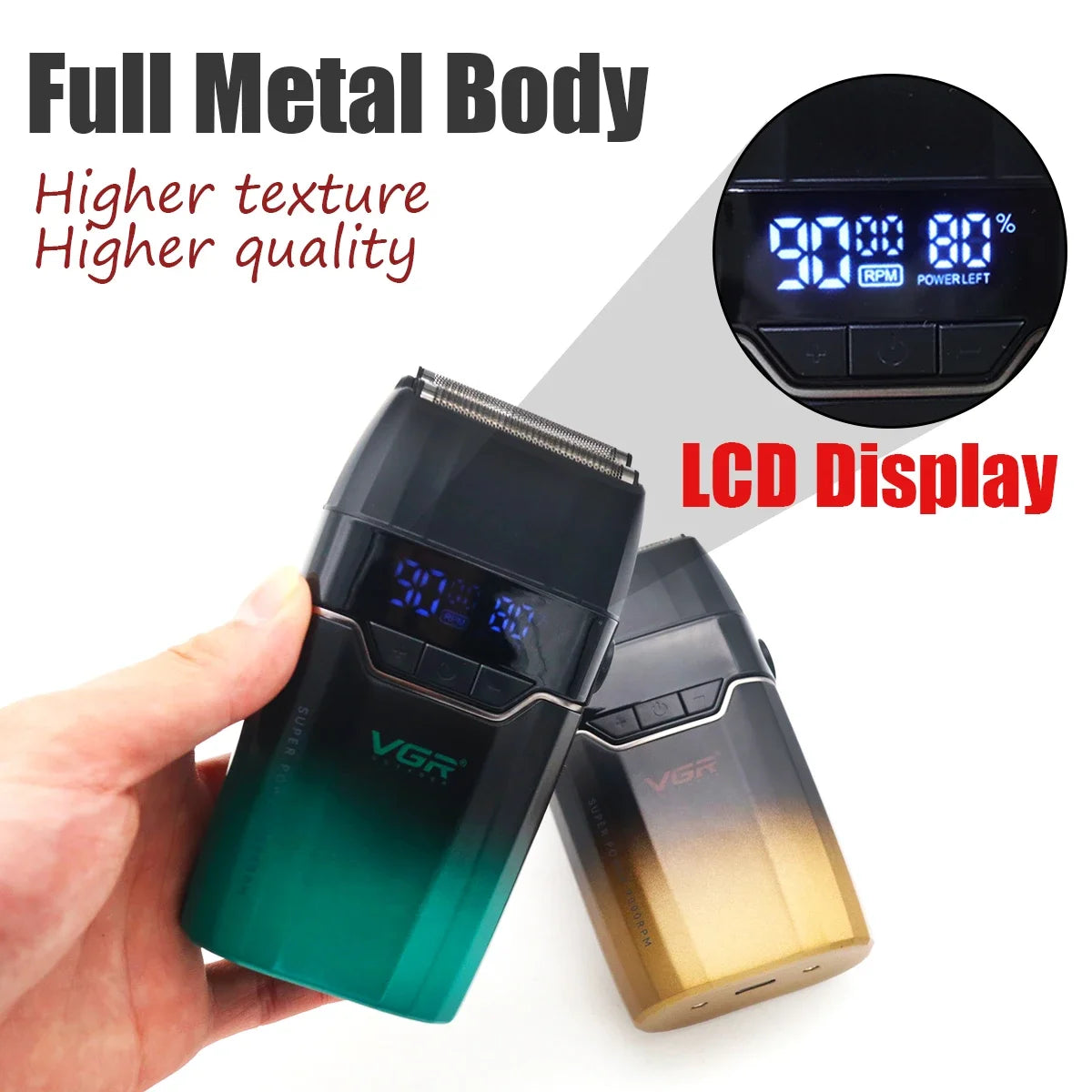 VGR V308 Beard Trimmer for Men Double Foil Full Metal LCD Display 9000RPM Electric Shaver Barber Professional Barber Machines